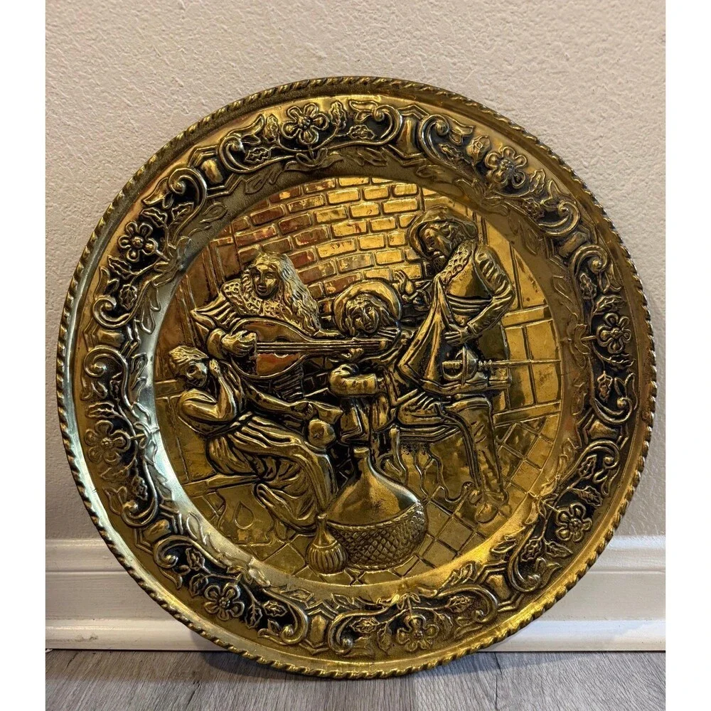 Vintage Large Hammered Brass Musicians Wall Decorative Plate 16.5